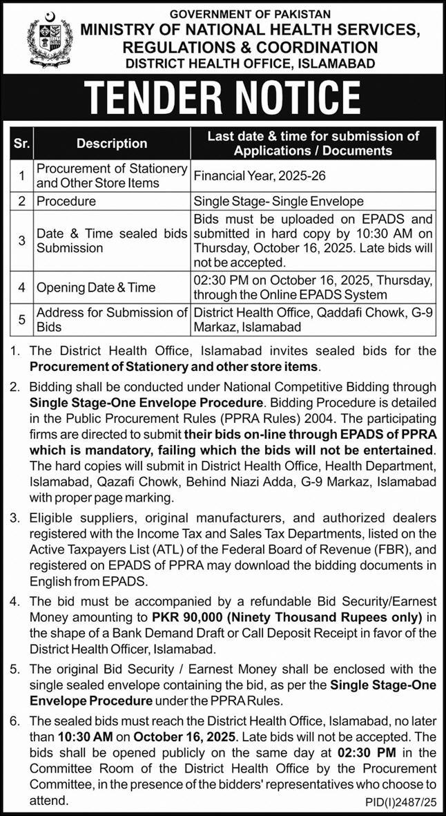 Ministry of National Health Services Islamabad Tender Notice